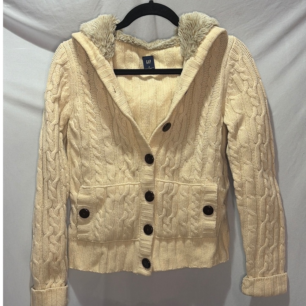 Gap 100% Lambswool Cable Knit Cardigan Faux Fur Lined Hooded Sweater Cream M